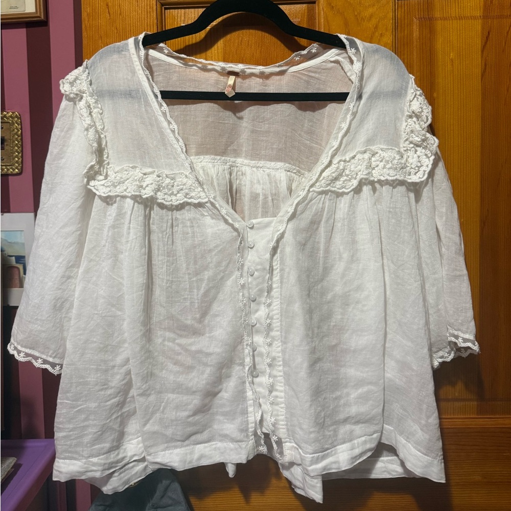 Free People White Lace-Trim Peasant Top